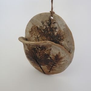 Studio Pottery Wall Pocket Embossed Leaves Signed Garnet